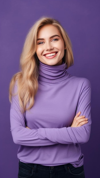 una mujer con un suéter de cuello alto morado