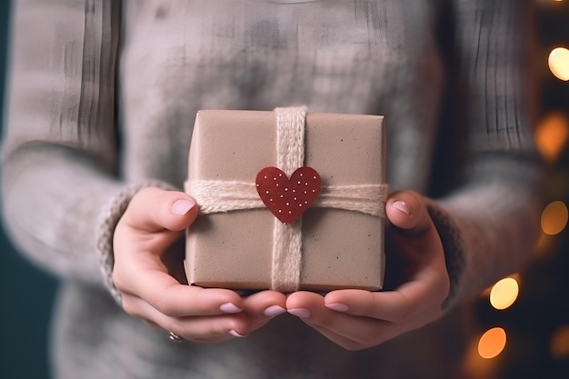 Una mujer con un suéter gris sostiene una caja de regalo en sus manos 1