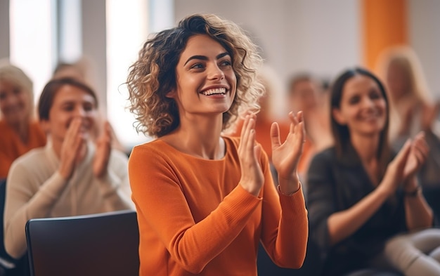 Una mujer con un suéter naranja aplaude en una sala de conferencias.