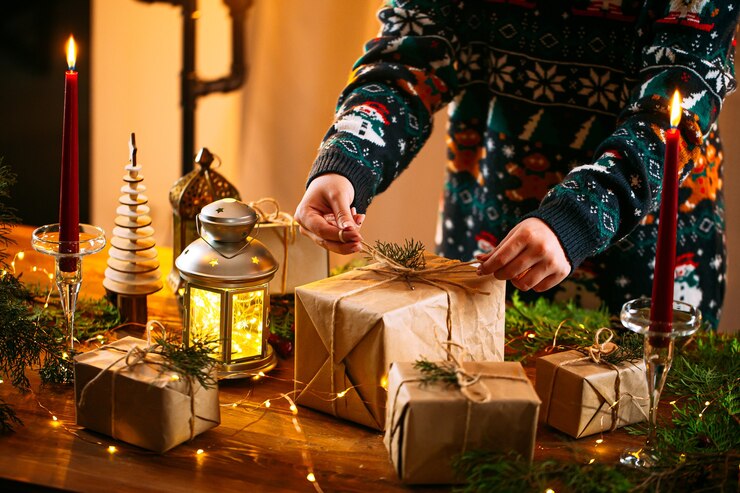 Foto mujer en un suéter de navidad atar caja de artesanía sobre la mesa