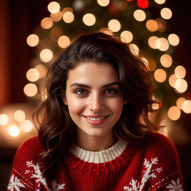 mujer con suéter de Navidad sonriendo