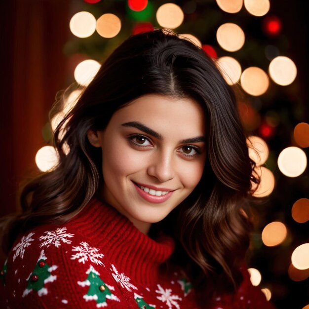 mujer con suéter de Navidad sonriendo