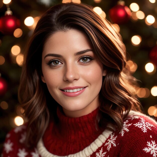 mujer con suéter de Navidad sonriendo