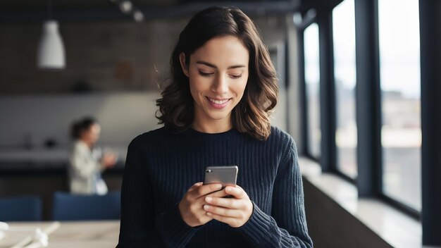 Foto mujer con suéter negro sosteniendo un teléfono inteligente y enviando mensajes de texto o revisando las redes sociales