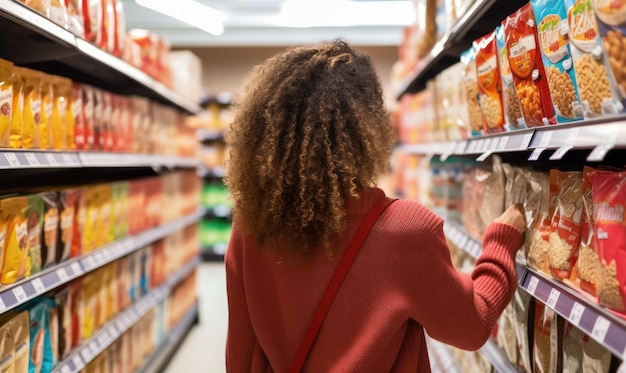 Una mujer con un suéter rojo está mirando un estante de comida