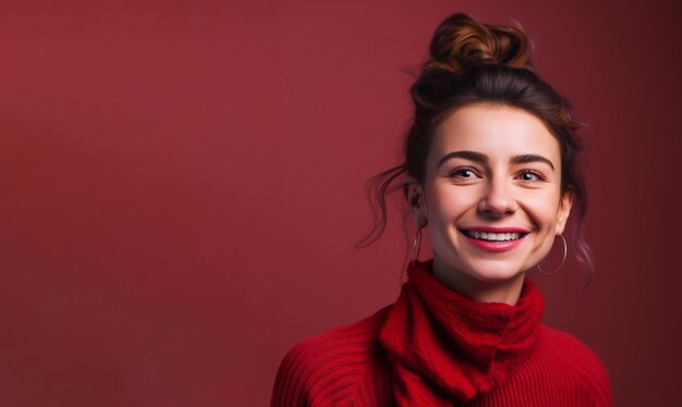 Una mujer con un suéter rojo y un suéter rojo sonríe frente a un espacio de copia de fondo rojo