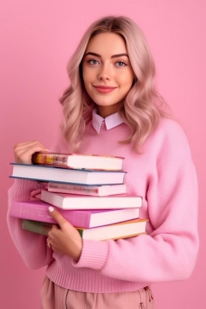 Una mujer con un suéter rosa sostiene una pila de libros.