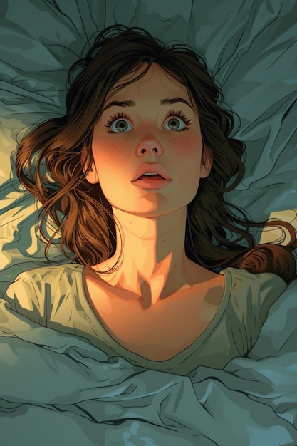 Mujer sufre de insomnio pesadillas aterradoras parálisis del sueño ilustración de dibujos animados