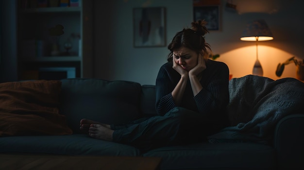 Foto mujer sufriendo un ataque de ansiedad sola en la noche en un sofá en casa ia generativa