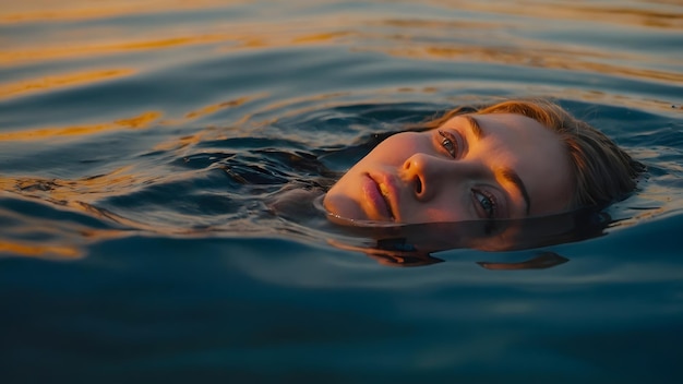 Una mujer sumergida en el agua con luz natural en el fondo