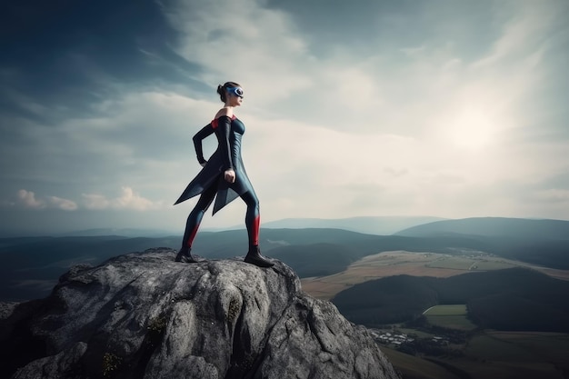 Mujer superhéroe en la cima de una montaña