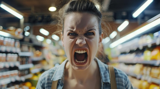 Una mujer en un supermercado grita de frustración encarnando un momento de estrés abrumador