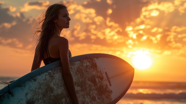 mujer surfista sosteniendo una tabla actividades al aire libre y hora de oro