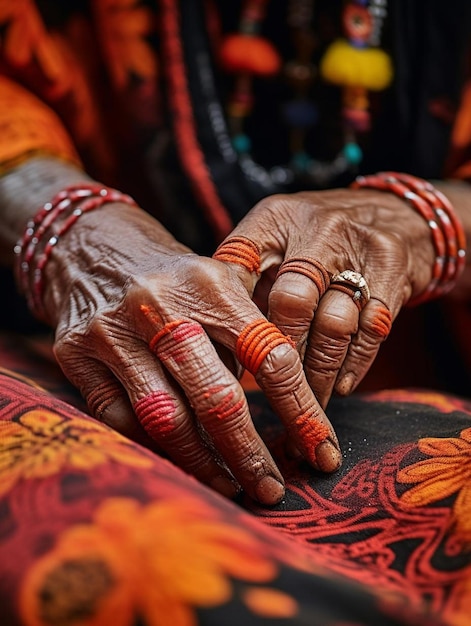 Una mujer con sus manos pintadas con diseños coloridos en sus dedos