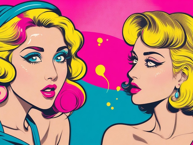 Foto mujer susurrando chismes o secretos a su amiga ilustración vectorial colorida en arte pop retro
