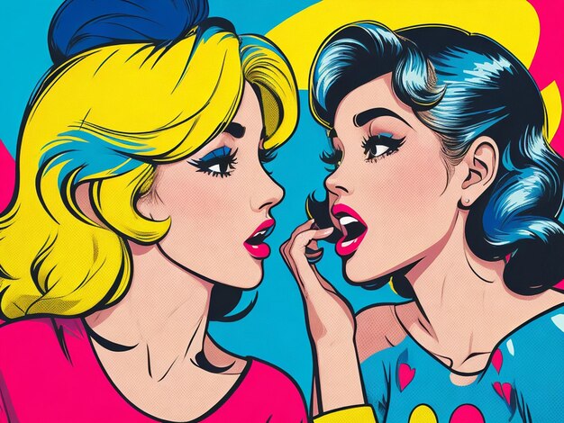 Foto mujer susurrando chismes o secretos a su amiga ilustración vectorial colorida en arte pop retro