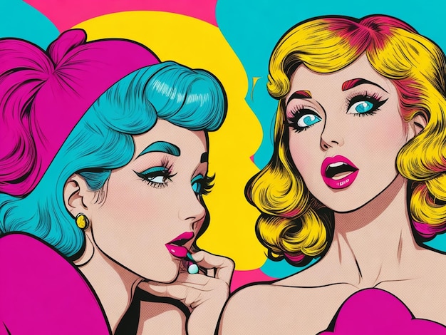 Mujer susurrando chismes o secretos a su amiga Ilustración vectorial colorida en arte pop retro