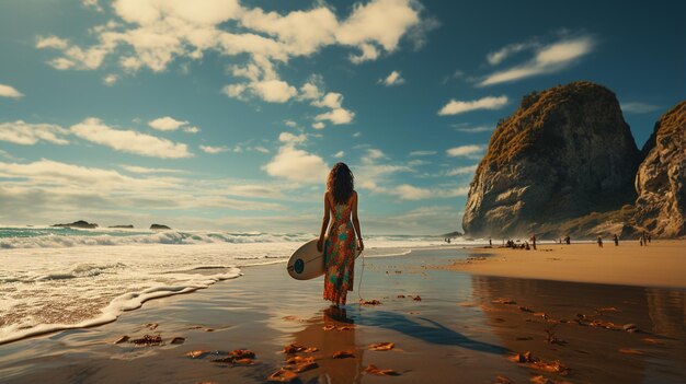 Mujer con una tabla de surf en una playa