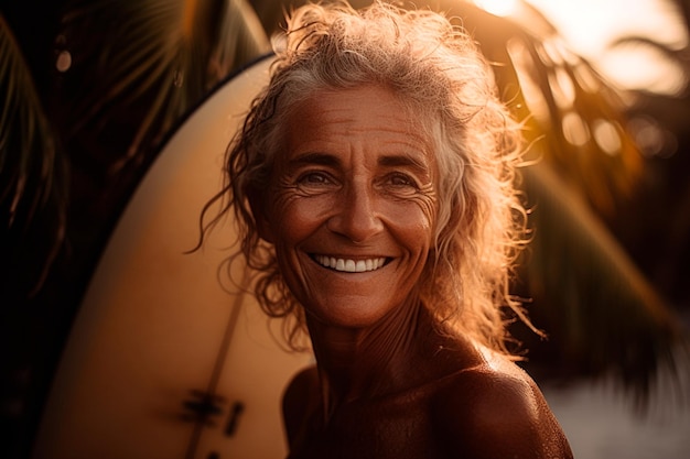Una mujer con una tabla de surf en la playa.