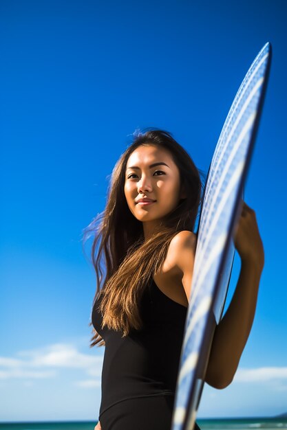 Foto mujer con tabla de surf en la playa