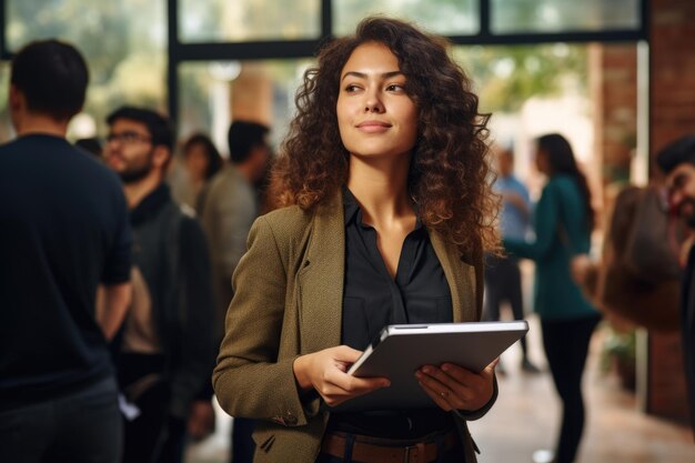 Foto mujer con una tableta en un lugar abarrotado