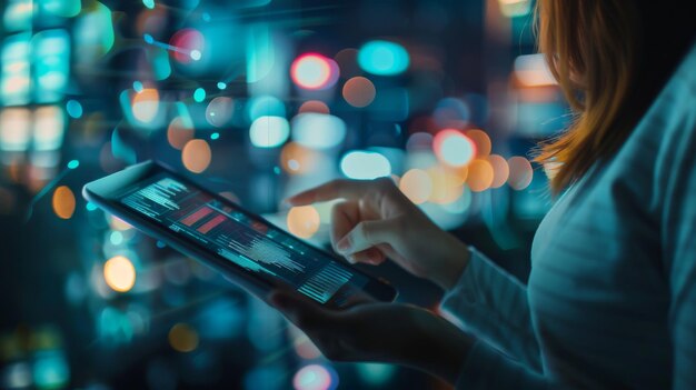 Foto mujer con una tableta que presenta un análisis financiero utilizando un gráfico concepto de internet para el análisis de negocios