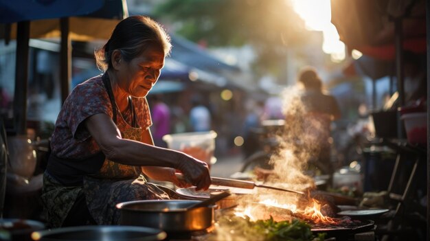 Foto mujer tailandesa cocinando comida en la calle comida tailandesa local de la calle asiática