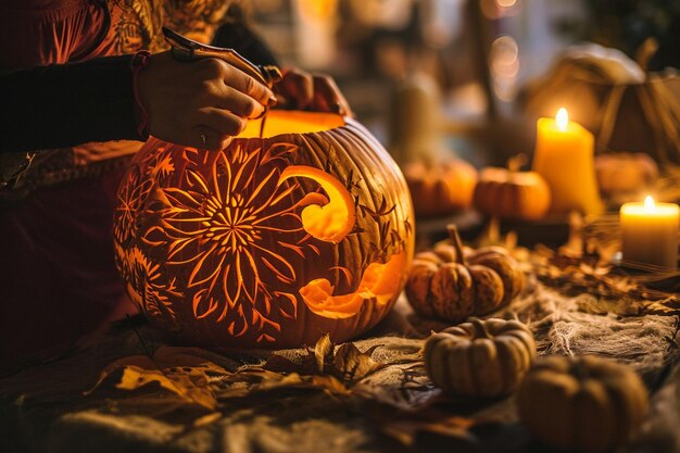 Foto la mujer está tallando calabaza