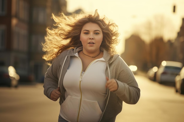 Mujer de tamaño grande corriendo en un entorno urbano