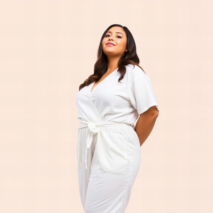 Mujer de tamaño grande con ropa blanca de spa