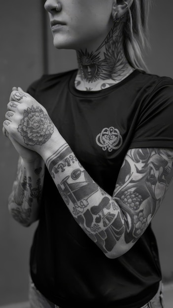 Mujer tatuada en camiseta negra en escala de gris