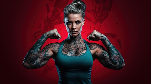 Foto una mujer tatuada flexionando sus músculos en rojo al estilo de los retratos de celebridades con