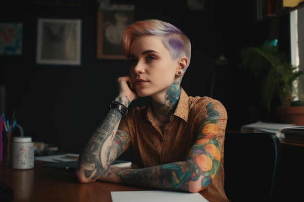 Una mujer tatuada con el pelo corto en una oficina IA generativa AIG21