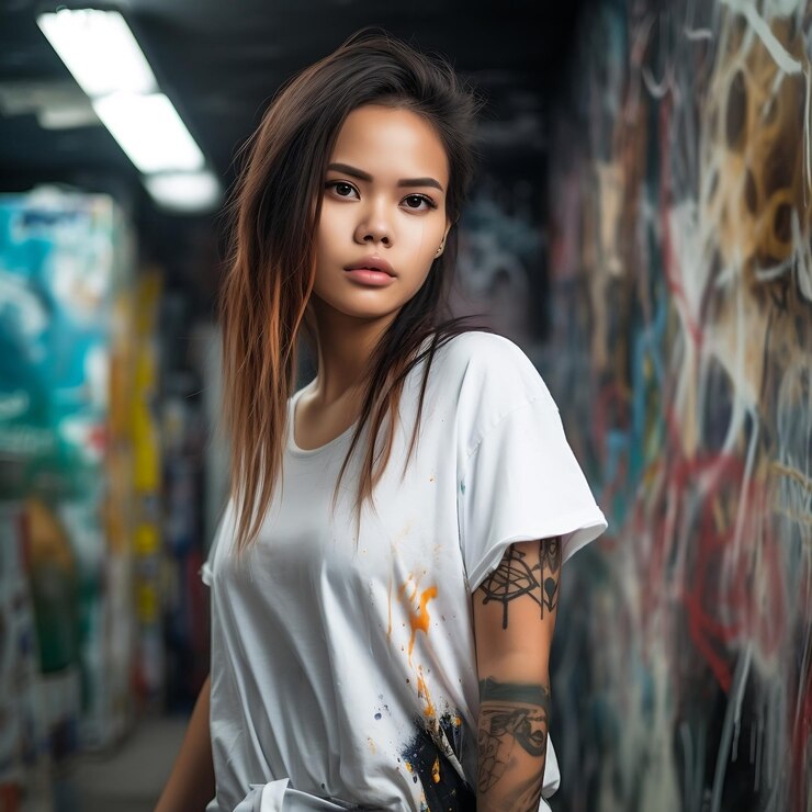 Una mujer con un tatuaje en el brazo se para en un callejón de graffiti.