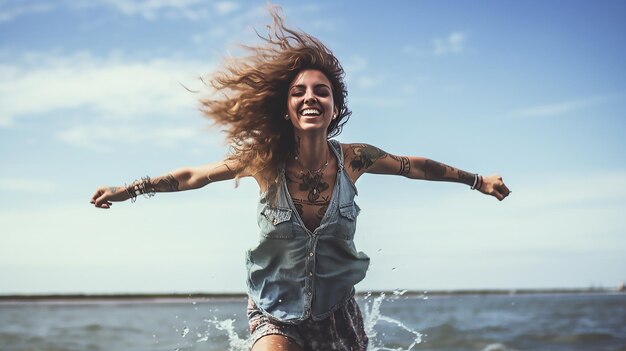 Una mujer con un tatuaje en la cabeza se está riendo y riendo