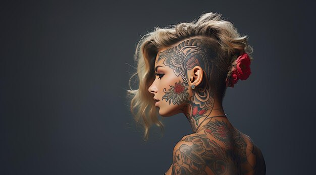 Foto una mujer con un tatuaje en la espalda y una flor en el cabello