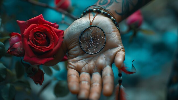 una mujer con un tatuaje en la mano y una rosa en la mano