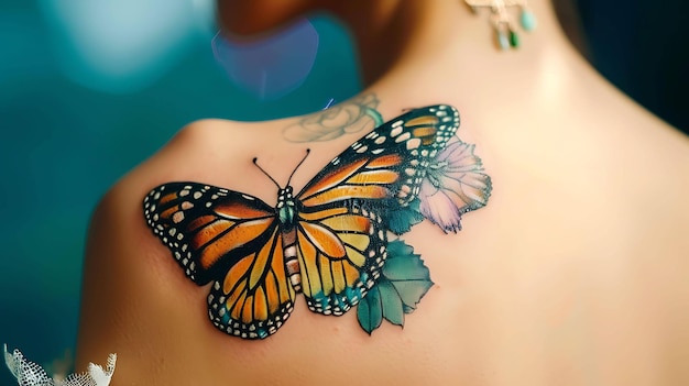 Foto una mujer con un tatuaje de mariposa en el hombro la mariposa es naranja, negra y amarilla con detalles intrincados en sus alas