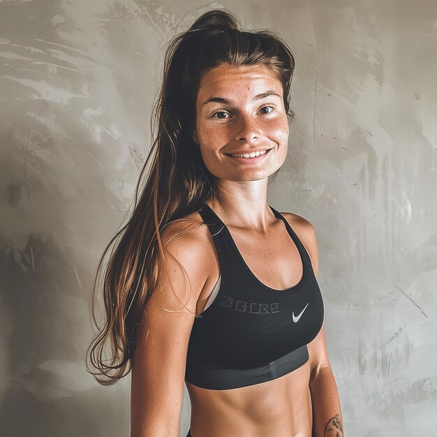 Foto una mujer con un tatuaje en su brazo derecho y la palabra adidas en la parte delantera de su camisa