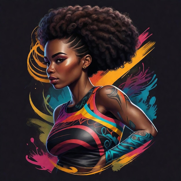 una mujer con un tatuaje en su brazo está pintada en una imagen colorida