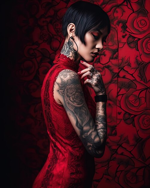 una mujer con tatuajes en el brazo y un fondo rojo con un patrón de rosa