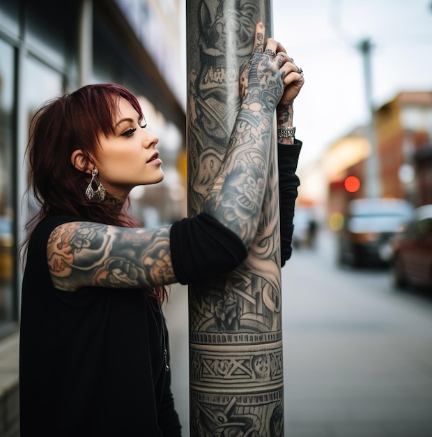 Foto una mujer con tatuajes en el brazo sostiene un cartel que dice 