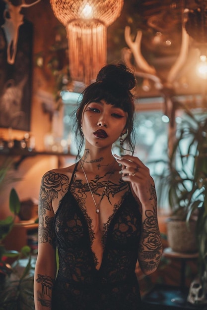 Foto una mujer con tatuajes en los brazos y el pecho