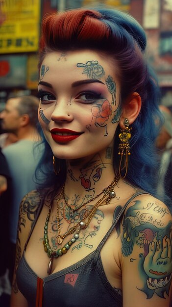 una mujer con tatuajes en la cara y la palabra henna en el pecho
