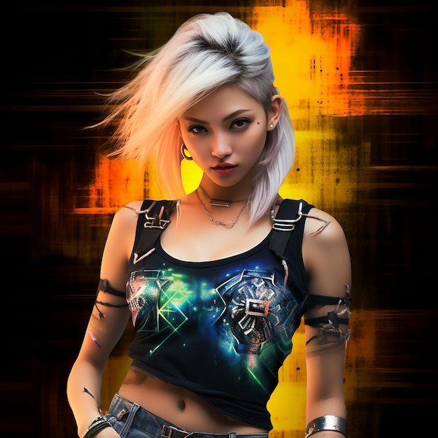 mujer con tatuajes de pie en el medio de una ciudad cyberpunk arte fantasía modelo de arte chica de los años 90