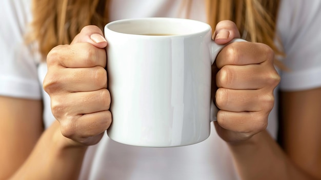 una mujer con una taza blanca