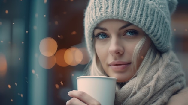 Una mujer con una taza de café caliente en un día frío