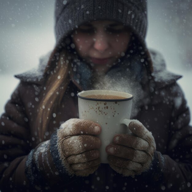 Una mujer con una taza de café caliente en un día frío