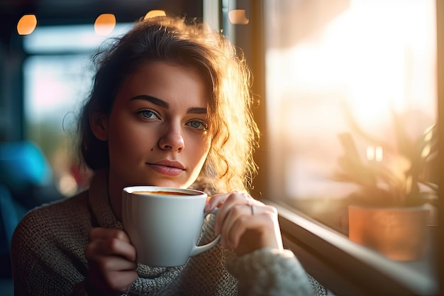 Mujer con una taza de café IA generativa