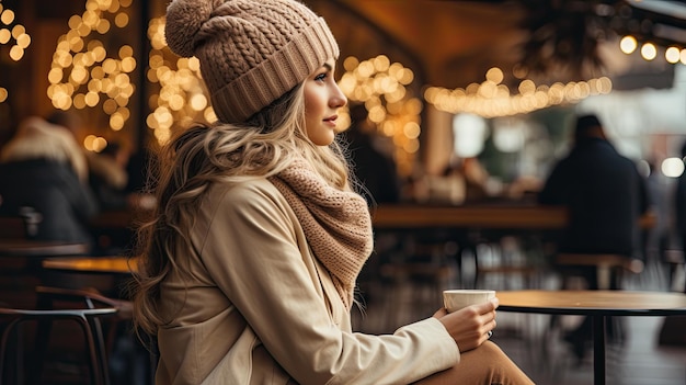 una mujer con una taza de café de invierno saliente